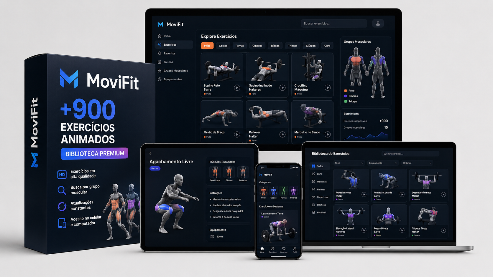 Mockup do produto MoviFit — biblioteca completa de exercícios animados